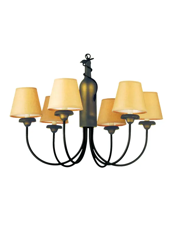 Capture the life of any party with authentic wine bottle lighting... It's so much fun that you may want to hang from this chandelier; but don't. The fixture does so much more than deliver light; it adds personality and pizazz to any interior. It is perfect for homes; restaurants; hotels; pubs; nightclubs; wineries; and fine retailers. The authentic Antique Green Glass Wine Bottle is attached to sturdy hardware and a vine-like metal accent featured in a Textured Black finish. The wine bottle is enhanced with six elegant Parchment shades that crown Ivory faux candlelights. The overall height ranges from 20 to 55 inches; as the chain can be easily adjusted in the field to meet your exact lighting requirements. The Tuscan Vineyard 6 Light Parchment Chandelier is included in our American-made; American-designed; handcrafted Wine Bottle Lighting Collection and manufactured in Yorkville; New York. UL and cUL listed for dry and damp locations; however; we do not recommend placing it in spaces that experience a large amount of moisture due to the parchment shades.