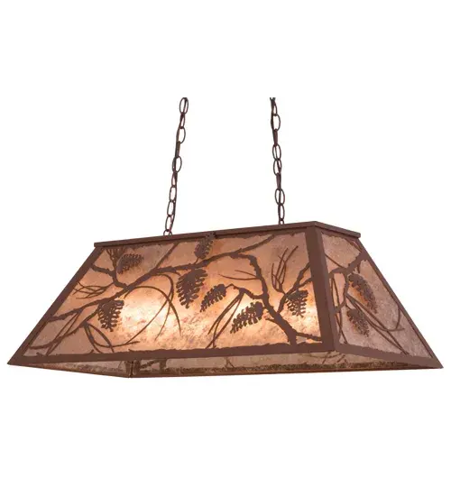 See the delicate Pinecone and Pine Branches in a Rust finish against a beautiful Silver Mica shade. The striking oblong pendant is ideal for lighting up kitchen islands, counters, dining and billiard tables. The overall height ranges from 22 to 42 inches as the chain length can be easily adjusted in the field. Made to Order in our 180,000 square foot manufacturing facility in Yorkville, New York, located at the foothills of the Adirondack Mountains. Additional wildlife and custom designs available, as well as custom shade colors, finishes and pendant sizes. UL and cUL listed for damp and dry locations. Collection: Whispering Pines Finish: Rust Glass: Silver Mica Width: 17.00" Height: 22.00" Length: 33.00" Weight: 17.00 lb Extension from Wall: 17.00" Number of Bulbs: 6 Maximum Wattage: 60.00 W Bulb Type: A19 Bulb Base: E26 Material: Steel Country of Origin: USA Safety Listing: Damp Safety Rating: Damp - alternate view