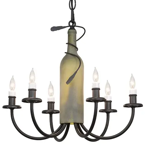 Capture the life of the party with the whimsical design of the Meyda Wine Bottle Chandelier. It's so much fun that you may want to hang from it; but don't! Liven up a restaurant; club; or home with a chandelier that does so much more than deliver light; it adds personality and pizzazz. A single Green Glass wine bottle is suspended from a Textured Black finished frame; which is enhanced with six White faux candlelights. It is perfect for entryways and other spaces in homes; restaurants; hotels; pubs; nightclubs; wineries; and retailers. The overall height ranges from 20 to 54 inches; as the chain can be easily adjusted in the field to meet your exact lighting requirements. This rich-looking Tuscan Vineyard 6 Light Wine Bottle Chandelier is included in our American-made; American-designed; handcrafted Wine Bottle Lighting Collection. The fixture is manufactured in Yorkville; New York. UL and cUL listed for dry and damp locations. Take your finest bottle of wine; and Meyda will transform it into an everlasting personalized fixture of light. Contact us for more information on custom wine bottle lighting fixtures and lamps. We can also create custom lighting with beer bottles; mason jars; milk bottles; and other glass containers and vessels. - alternate view