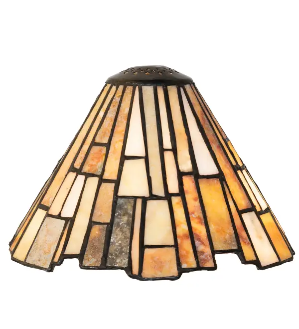 Thinly carved and polished natural Jadestone in earthy tones of Moss Green; Tan; Ivory; and Coral become luminescent in this unique; tile-patterned shade. The stone shade is crafted with the same famous Meyda copperfoil process used to create Tiffany-style stained glass shades. The shade can be paired with a base to create a mini lamp or matched with hardware to create a mini pendant. The shade is perfect for illuminating dining areas; kitchens and other spaces in residential; hospitality; and commercial settings. Inspired by locations where the Jade gemstone is mined from Wyoming; to California; to Alaska. The Delta Jadestone Shade is featured in our American-made; handcrafted Jadestone Collection. Each shade is a unique work of art with color variations based on natural ingredients inherent in the Jadestone.
