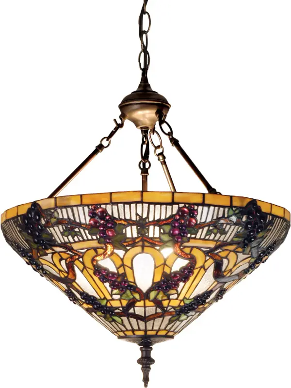 Radiant Concord Purple jewels; Vineyard Green leaves and glistening dew kissed Bark Brown vines wrap around Golden Sunshine bands; against a diamond grid of Clear Seeded glass. Bring sunny vineyards to your own home or business with this lovely Meyda original inverted pendant; which is created using the famous Meyda copperfoil construction. The coordinating hardware is featured in a warm Mahogany Bronze finish. UL and cUL listed for damp and dry locations. Custom colors; styles; sizes and dimmable energy efficient lamping options available.