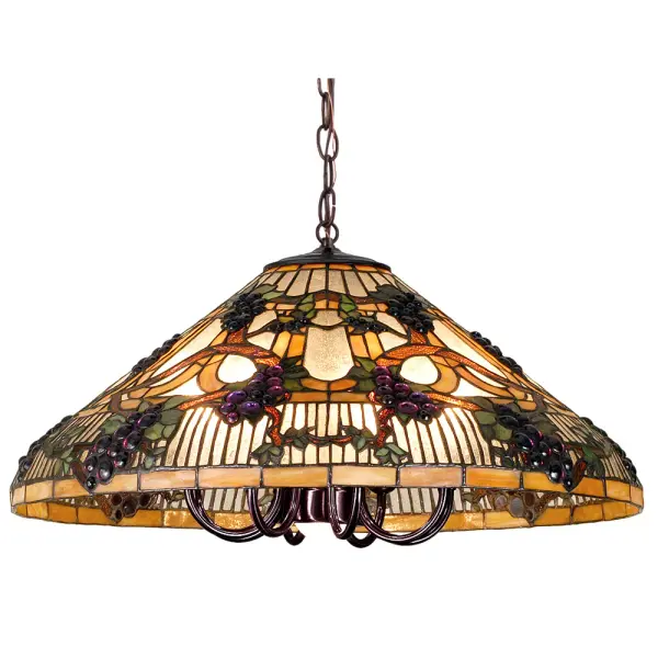 Radiant Concord Purple jewels; Vineyard Green leaves; and glistening dew-kissed Bark Brown vines wrap around a Golden Sunshine banded stained glass shade. Bring sunny vineyards to your own home with this lovely Meyda Tiffany original pendant. The coordinating hardware is finished in a warm Mahogany Bronze. The pendant is paired with a premium light cluster that includes a downlight to brighten a table and eight candelabras for even illumination of the stained glass. We recommend pairing this fixture with a wall dimmer for optimal performance in your space. The Jeweled Grape Pendant is featured in our American-designed; handcrafted Stained Glass Lighting Collection. UL and cUL listed. Each shade is a unique work of art with color variations based on natural ingredients inherent in the glass and created with the famous Meyda Tiffany copper foil construction technique.