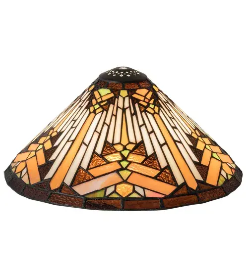 Like gazing out your window across the warm desert at sunset; interlocking tiles of Sand tone Beige glows behind the sun glistened Orange; Amber Green and Brown rays. All this is surrounded by a Root Brown border. The stunning shade is created using the famous Meyda Tiffany copperfoil construction method. The shade can be paired with a base to create a table/floor lamp or with hardware to build a beautiful ceiling fixture. - alternate view