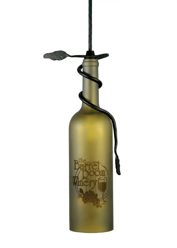 Connoisseurs will appreciate the detail and flavor of this personalized Wine Bottle Mini Pendant. The fixture features their favorite wine brand etched with a Grapes design on this Green Glass wine bottle; which is wrapped with a Black vine-like metal accent. Liven up a restaurant; club; or home with a light fixture that does so much more than deliver light; it adds personality and pizzazz. The Personalized Etched Grapes Wine Bottle Mini Pendant is included in our American-made; American-designed; handcrafted Wine Bottle Lighting Collection. The fixture is manufactured in Yorkville; New York. UL and cUL listed for dry and damp locations. Take your finest bottle of wine; and Meyda will transform it into an everlasting personalized fixture of light. Contact us for more information on custom wine bottle lighting fixtures and lamps. You can also create custom lighting with beer bottles; mason jars; milk bottles; and other glass containers and vessels by contacting us!