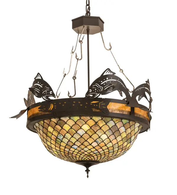 An angler's dream. Fish are jumping and swimming about in this striking lighting design. Aptly named Catch of the Day; this inverted pendant captures Bass and Pike handcrafted in a Timeless Bronze finish. The pendant is suspended with an interlocking fishhook chain from a hub above. The art glass shade features the famous Fishscale design with a variegated Tortoiseshell of Emerald; Sapphire; Mauve and Beige colored art glass; evoking a unique dimensional and textured look in a rainbow of brilliant hues. Amber Mica borders the top of the shade. This exquisite inverted art glass shade is created using the famous Meyda Tiffany copperfoil construction process. UL and cUL listed for dry and damp locations.