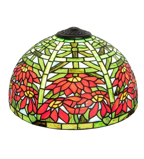 Russet Poinsettia flowers against Bay Green leaves and a Sky Blue background grace this beautiful stained glass shade. The warm neutral tones of this exquisite stained glass shade are created using the famous Meyda Tiffany copperfoil construction technique and inspired by Poinsettia flower plants from Bethlehem; Pennsylvania; to Ventura and Encinitas; California. The Poinsettia Shade pairs well with a table or floor lamp; and can be matched with hardware to build a ceiling fixture. The Poinsettia Shade is featured in our American-designed; handcrafted Stained Glass Lighting Collection. Each shade is a unique work of art with color variations based on natural ingredients inherent in the glass. - alternate view