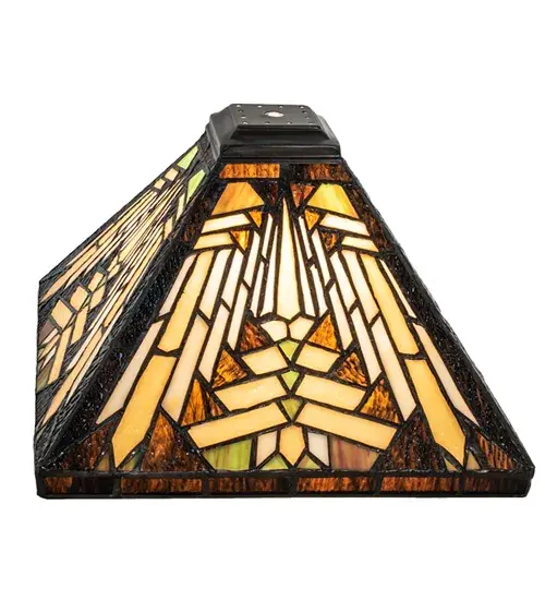 Like gazing out your window across the warm desert at sunset; interlocking tiles of Sand tone Beige glows behind the sun glistened Orange; Amber Green and Brown rays. All this is surrounded by a Root Brown border. The stunning shade is created using the famous Meyda Tiffany copperfoil construction method. The shade can be paired with a base to create a stunning table/floor lamp or with hardware to build a beautiful ceiling fixture.
