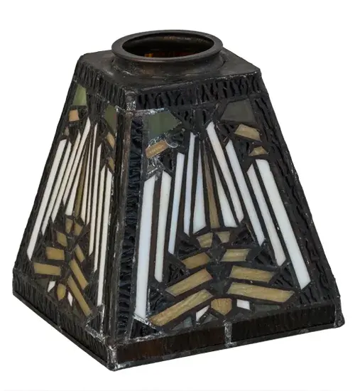 Like gazing out your window across the warm desert at sunset; interlocking tiles of Sand tone Beige glows behind the sun glistened Orange; Amber Green and Brown rays. All this is surrounded by a Root Brown border. ?The stunning shade is created using the famous Meyda Tiffany copperfoil construction method. The shade can be paired with hardware to create table lamps; wall sconces and ceiling fixtures. - alternate view