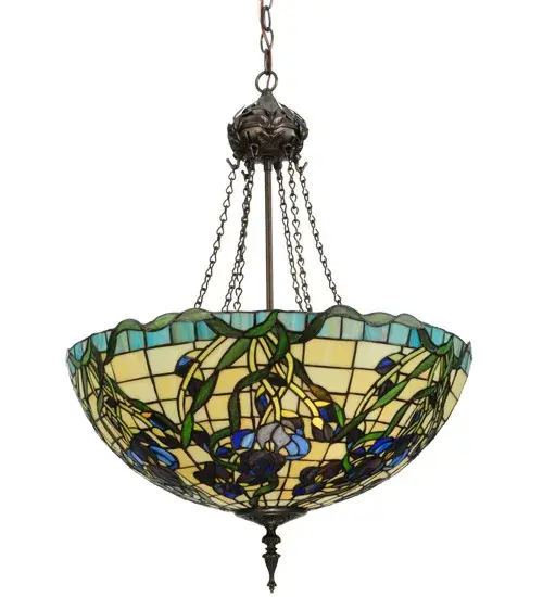 HAND CRAFTED MEYDA ORIGINAL SHADES FEATURE RIBBON LACED BOUQUETS OF PURPLE IRIS FLOWERS AND SPRING GREEN LEAVES WAVE ON AN ECRU-BEIGE SKY. THE INVERTED PENDANT HAS MAHOGANY BRONZE FINISHED HARDWARE WITH MATCHING EMBOSSED DETAIL.
