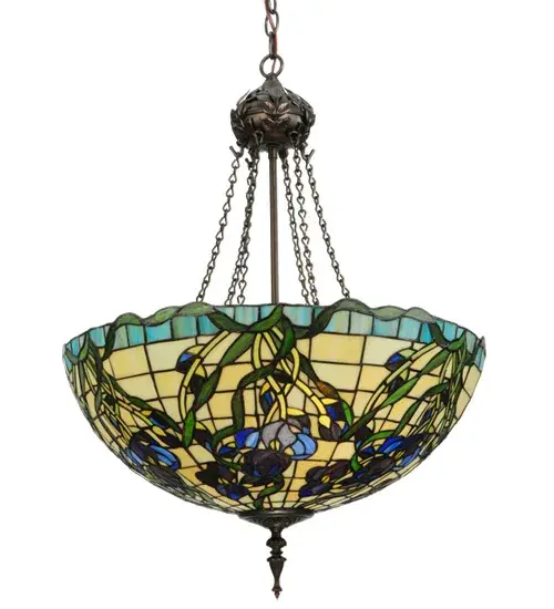 HAND CRAFTED MEYDA ORIGINAL SHADES FEATURE RIBBON LACED BOUQUETS OF PURPLE IRIS FLOWERS AND SPRING GREEN LEAVES WAVE ON AN ECRU-BEIGE SKY. THE INVERTED PENDANT HAS MAHOGANY BRONZE FINISHED HARDWARE WITH MATCHING EMBOSSED DETAIL. - alternate view