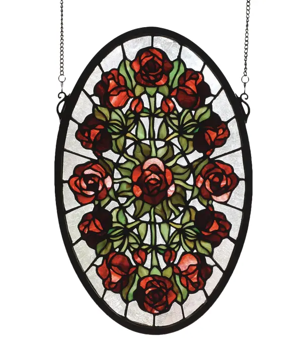 Burgundy roses with Willow Green leaves radiate around a single rose against a Crystalline sky in the resplendent oval shaped window. Handcrafted with stained art glass utilizing the copperfoil construction process; this beautiful window also comes with a solid brass hanging chain and brackets.