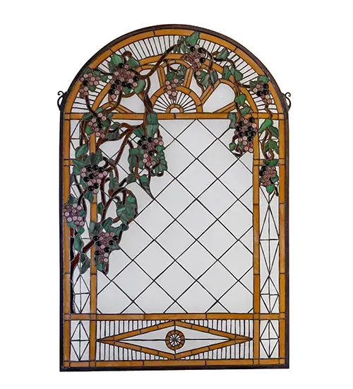 Radiant Concord Blue and Purple stained art glass with Vineyard Green leaves and glistening dew kissed Bark Brown vines on a border and arbor of Brown Granite glass; bring sunny vineyards to your own home with this lovely hand crafted Tiffany style window. A solid brass hanging bracket and chains are included. - alternate view