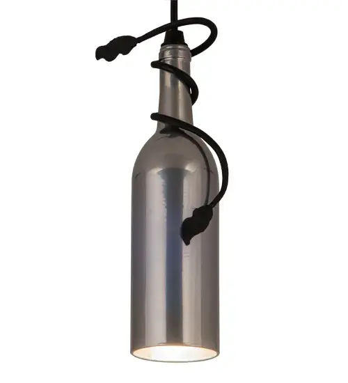 The connoisseur will appreciate the detail and vintage of this charming accent mini pendant. This stunning mini pendant features a hand forged vine and leaf coil around the neck of this stunning Chrome Blue wine bottle. The leaf and vine are hand finished in Black. Handcrafted in the USA by our artisans, the fixture is offered in custom styles, colors and sizes are available. Energy efficient lamping options are offered. UL and cUL listed for damp and dry locations. Collection: Tuscan Vineyard Finish: Black Metal,Chrome Glass: Chrome/Blue Transparent Black Notes: Custom Crafted In Yorkville, New York Please Allow 50 Days Width: 5.00" Height: 15.00" Length: 5.00" Weight: 2.00 lb Extension from Wall: 10.50" Number of Bulbs: 1 Maximum Wattage: 60.00 W Bulb Type: R16 Bulb Base: E26 Material: Metal Country of Origin: USA Safety Listing: Dry Safety Rating: Dry - alternate view