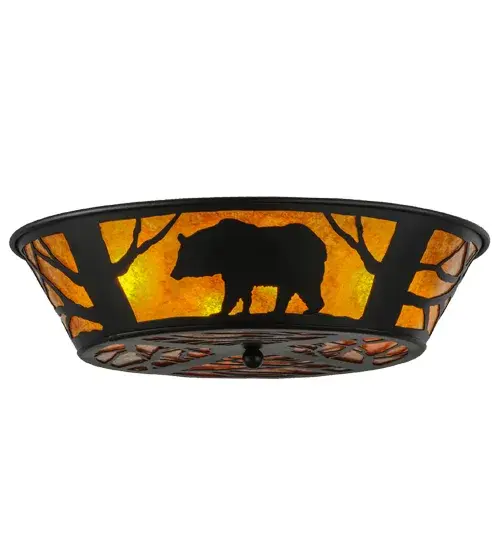 A Black Bear strolls through the woods on this nature inspired flushmount. The fixture is finished in Black; has Amber mica panels; and is handcrafted in the USA by Meyda artisans.
