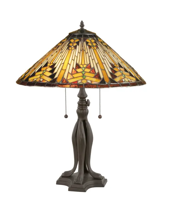 Warm earth toned Bone Beige and Moccasin Tan stained glass; accented with glistening Root Brown and Sage Green; is used to make this intricate interlocking patterned shade. A traditional lamp base in a hand applied Mahogany Bronze finish supports the handsome round cone shade inspired by historic American artwork. Handcrafted with the copper foil technique developed by Louis Comfort Tiffany; this table lamp is a true masterpiece.