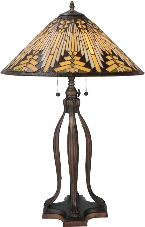 Warm earth toned Bone Beige and Moccasin Tan stained glass; accented with glistening Root Brown and Sage Green; is used to make this intricate interlocking patterned shade. A traditional lamp base in a hand applied Mahogany Bronze finish supports the handsome round cone shade inspired by historic American artwork. Handcrafted with the copper foil technique developed by Louis Comfort Tiffany; this table lamp is a true masterpiece.