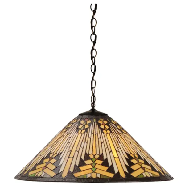Warm earth toned Bone Beige and Moccasin Tan stained glass, accented with glistening Root Brown and Sage Green, is used to make this intricate interlocking patterned shade. A chain and Canopy in a hand applied Mahogany Bronze finish supports the handsome round cone shade inspired by historic American artwork. Handcrafted with the copper foil technique developed by Louis Comfort Tiffany, this pendant is a true masterpiece. Collection: Nuevo Finish: Mahogany Bronze Glass: Ba Hag 59R Xag Width: 22.00" Height: 14.00" Length: 22.00" Weight: 12.00 lb Extension from Wall: 24.00" Number of Bulbs: 3 Maximum Wattage: 60.00 W Bulb Type: A19 Bulb Base: E26 Material: Steel Country of Origin: CHINA Safety Listing: Damp Safety Rating: Damp
