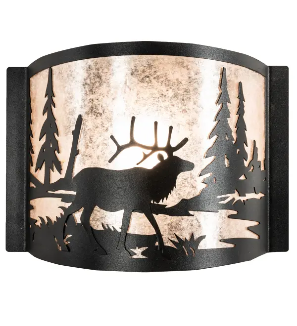 Rustic charm is captured beautifully. This majestic Elk meanders by a woodland lake while the morning sun rises in the background of this natural wildlife inspired wall sconce. Soft ambient light projects through a stunning Silver Mica shade which is complemented with a Textured Black finish. This curvaceous ADA Compliant wall fixture is Made to Order in our 180,000 square foot manufacturing facility in Yorkville, NY. Diffuser colors, metal finishes and fixture sizes can be customized. UL and cUL listed for dry and damp locations. Collection: Elk Finish: Textured Black Glass: Silver Mica Width: 12.00" Height: 9.50" Length: 4.00" Weight: 3.00 lb Extension from Wall: 4.00" Number of Bulbs: 1 Maximum Wattage: 60.00 W Bulb Type: A19 Bulb Base: E26 Material: Steel Country of Origin: USA Safety Listing: Damp Safety Rating: Damp