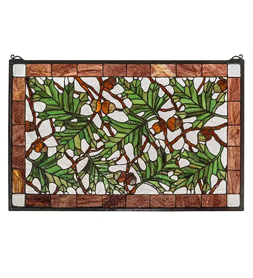 Invite the splendor of Brown and Green Acorns and Oak Leaves in this spectacular and intricate stained glass window; bordered in Root Beer colored glass. Hundreds of pieces of art glass are individually hand cut and hand set by Meyda artisans using Tiffany's famous copperfoil process. - alternate view