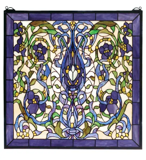 Ribbons and leaves of Green and Plum Blue twine around lovely Violet flowers on an Ivory background. Made of 680 pieces of hand cut stained glass; this lovely Tiffany style window is handcrafted utilizing the copperfoil construction process. A solid brass hanging chain and brackets are included.