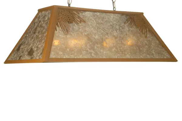 A single Pine Cone with branches and Pine needles accent the corners of this rustic oblong pendant handcrafted in the USA by Meyda artisans. This nature inspired fixture is finished in Rust and has Silver mica panels.