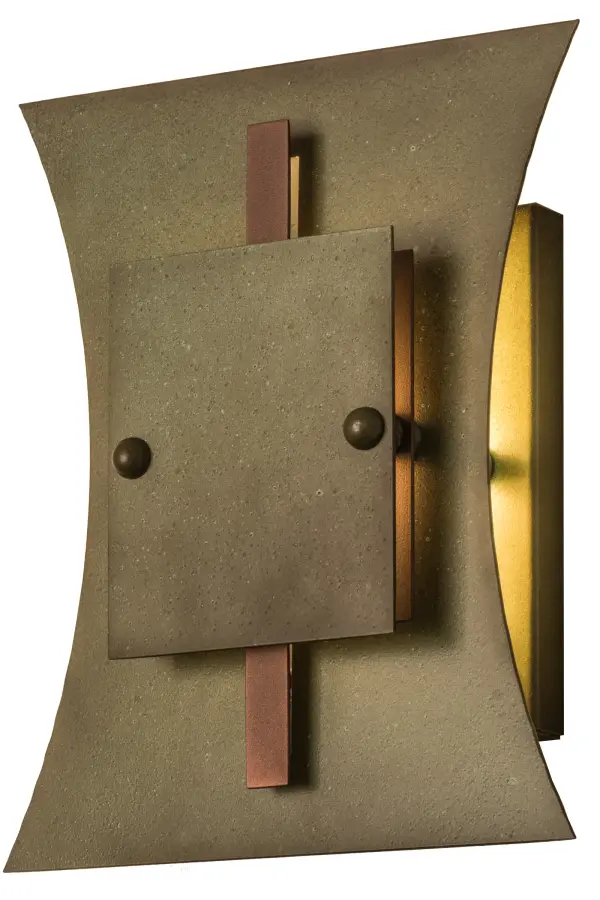 This cool, contemporary, retro-looking wall sconce in the Urban Collection is crafted and designed by the Meyda Team of artisans. Featuring a curved cylindrical shape,the luminaire is hand finished in Tarnished Copper and Cinnamon Metallic, and accented with decorative rivets. Collection: Mission Tye Finish: Tarnished Copper/Cinnamon Coffee Metallic Glass: Amber Mica Width: 10.00" Height: 12.00" Length: 4.50" Weight: 4.00 lb Extension from Wall: 4.50" Number of Bulbs: 1 Maximum Wattage: 60.00 W Bulb Type: T10 Bulb Base: E26 Material: Steel Country of Origin: USA Safety Listing: Damp Safety Rating: Damp