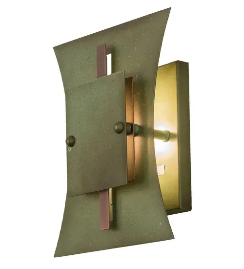 This cool, contemporary, retro-looking wall sconce in the Urban Collection is crafted and designed by the Meyda Team of artisans. Featuring a curved cylindrical shape,the luminaire is hand finished in Tarnished Copper and Cinnamon Metallic, and accented with decorative rivets. Collection: Mission Tye Finish: Tarnished Copper/Cinnamon Coffee Metallic Glass: Amber Mica Width: 10.00" Height: 12.00" Length: 4.50" Weight: 4.00 lb Extension from Wall: 4.50" Number of Bulbs: 1 Maximum Wattage: 60.00 W Bulb Type: T10 Bulb Base: E26 Material: Steel Country of Origin: USA Safety Listing: Damp Safety Rating: Damp - alternate view
