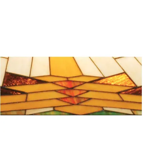 Warm earth toned Bone Beige and Moccasin Tan stained glass; accented with glistening Root Brown and Sage Green; is used to make this intricate interlocking patterned shade. Mission style hardware in a hand applied Mahogany Bronze finish supports the handsome rectangular shade inspired by historic American artwork. Handcrafted with the copper foil technique developed by Louis Comfort Tiffany; this oblong pendant fixture is a true masterpiece. - alternate view
