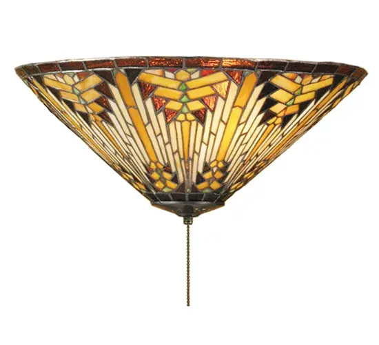 Warm earth toned Bone Beige and Moccasin Tan stained glass; accented with glistening Root Brown and Sage Green; is used to make this intricate interlocking patterned shade. Mission style hardware in a hand applied Mahogany Bronze finish supports the handsome round cone shade inspired by historic American artwork. Handcrafted with the copper foil technique developed by Louis Comfort Tiffany; this flush mount fixture is a true masterpiece.