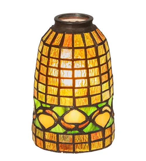 Recreating a stunning Tiffany design... Golden Acorns dance playfully in a ring around this geometric grid patterned elongated shade in Autumn Harvest Honey; Rust and Olive Green. This art glass shade is created using the famous Meyda Tiffany copperfoil construction. Shade pairs well with table and floor lamp bases; or matches with hardware to create a wall or ceiling fixture. The Tiffany Acorn Shade is included in our American designed; handcrafted Tiffany Reproduction Collection. Each shade is a unique work of art with color variations based on natural ingredients inherent in the glass. Contact us if color matching is critical. - alternate view