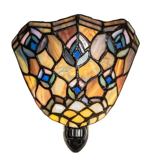 As distinctive as a beautiful Peacock's feathers, no two shades will ever be the same as their individuality can be as remarkably unique as their personality. This artistic creation utilizes swirling opalescent art glass background combinations including Beige Amber, Yellow Pinks, Red Purples, Golden Blues and Greens, Ivories, Bluish Whites, Turquoise Blues, Periwinkle, Olive and Spring Greens, Pale Yellow, Amethyst, Emerald and Topaz. The eye of the plumage design reveals Purples, Pastel Blues, Teals, Cobalt and Ivories. Individual pieces of glass are hand cut and wrapped using Meyda Tiffany's famous copperfoil construction. Each shade is a unique work of art with color variations based on natural ingredients inherent in the glass. Collection: Tiffany Peacock Feather Finish: Black Glass: Mauve/Beige/Pink/Orange/Blue/Purple Width: 5.50" Height: 5.50" Length: 2.50" Weight: 1.00 lb Number of Bulbs: 1 Maximum Wattage: 5.00 W Bulb Type: CA10 Bulb Base: E12 Material: Plastic Country of Origin: USA Safety Rating: Dry - alternate view