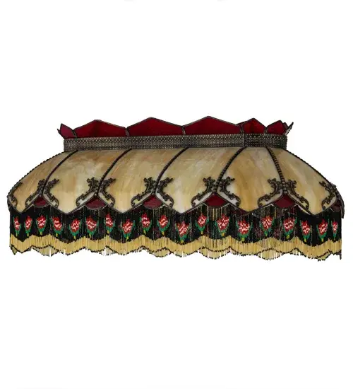 Embrace the timeless look of this classic lighting design. The Isabella shade features a hand-curved Beige art glass shade with Red Cathedral Glass scalloped Design and Red; Green; Black and Beige hand-beaded glass fringe. The shade is enhanced with a Brass filigree finished in Craftsman Brown; highlighted to reveal an eye-catching dimensional look. The Quality Bent Glass division of Meyda Tiffany Lighting is over 100 years in the making. Today we are still creating timeless masterpieces using tools & methods from the days when we supplied Tiffany Studios. Glass colors & metal finishes are customizable as each Tiffany Bent Panel fixture is handcrafted to order. Handmade in our 180;000 square foot manufacturing facility in Yorkville; NY. - alternate view