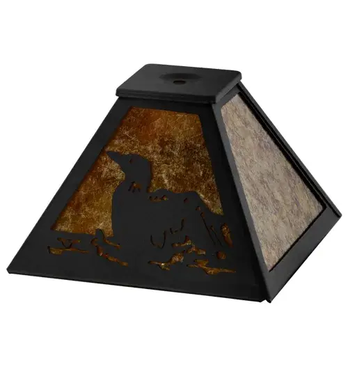 Listen to the melodious calls of the Loon echo across the mountain lake as this aquatic bird wades across the water while the lazy afternoon sun shines brightly in the background. The Loon Shade features a stunning Amber Mica lens, which is complemented by an appealing frame featured in a Textured Black finish. The shade can be paired with an appealing Pine Tree lamp base to create the 15 High Loon Lamp, model 157916. The lighting design is inspired by Loons, from the Great Lakes region, to the Florida coasts, to Alaska's Aleutian Islands. The Loon Shade is included in our American-made, American-designed, handcrafted Wildlife Collection and manufactured in Yorkville, New York." Collection: Loon Finish: Textured Black Glass: Amber Mica Width: 11.00" Height: 5.00" Length: 8.00" Weight: 1.00 lb Number of Bulbs: 1 Bulb Base: Medium Material: Steel Country of Origin: USA Safety Listing: Dry Safety Rating: Dry - alternate view