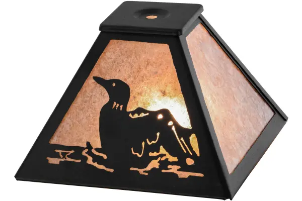 Listen to the melodious calls of the Loon echo across the mountain lake as this aquatic bird wades across the water while the lazy afternoon sun shines brightly in the background. The Loon Shade features a Silver Mica shade, which is complemented by an appealing frame and hardware featured in a Textured Black finish. The shade can be paired with a base to create a table lamp or hardware to build a ceiling fixture. The lighting design is inspired by Loons from the Great Lakes region to the Florida coasts, to Alaska's Aleutian Islands. The Loon Shade is included in our American-made, American-designed, handcrafted Wildlife Collection and manufactured in Yorkville, New York. Collection: Loon Finish: Textured Black Glass: Silver Mica Width: 11.00" Height: 5.00" Length: 8.00" Weight: 1.00 lb Number of Bulbs: 1 Bulb Type: tbn Bulb Base: Medium Material: Steel Country of Origin: USA Safety Listing: Dry Safety Rating: Dry