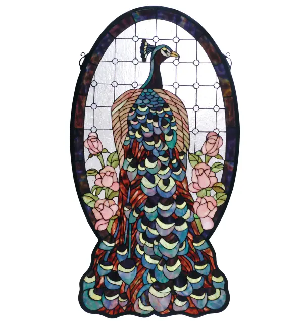 A stately peacock in a myriad of Blue Green and Violet colored glass is perched amid Petal Pink roses in a Crystalline oval frame. Made of 607 hand cut and copper foiled pieces of stained art glass this Meyda Tiffany original design is a unique work of art. A solid brass hanging chain and brackets are included.
