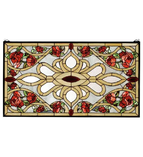 A bed of lovely Romantic Red and Burgundy roses; enhanced by Ivory curls and borders with crystal clear insets; sit on a smoke grey ground. Handcrafted utilizing the copperfoil construction process; this Tiffany style corner bracket also comes with a solid brass hanging chain and brackets.