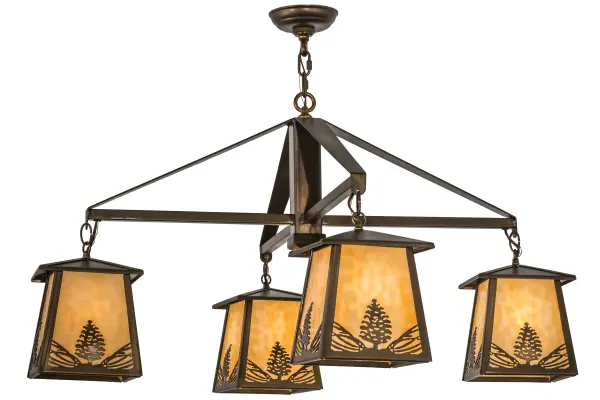 Mountain pine cones and pine needles are depicted on this unique nature inspired chandelier. Natural charm comes alive with soft warm ambient light through stunning Beige art glass which is enhanced by solid steel hardware that is hand finished in Antique Copper.The chandelier is perfect for foyers; dining areas and rooms where you want to make a design statement.Handcrafted by Meyda artisans in our manufacturing facility at the foothills of the Adirondack Mountains; this fixture is available with custom designs; sizes and colors.Energy efficient lamping options are offered.UL and cUL listed for damp and dry locations.