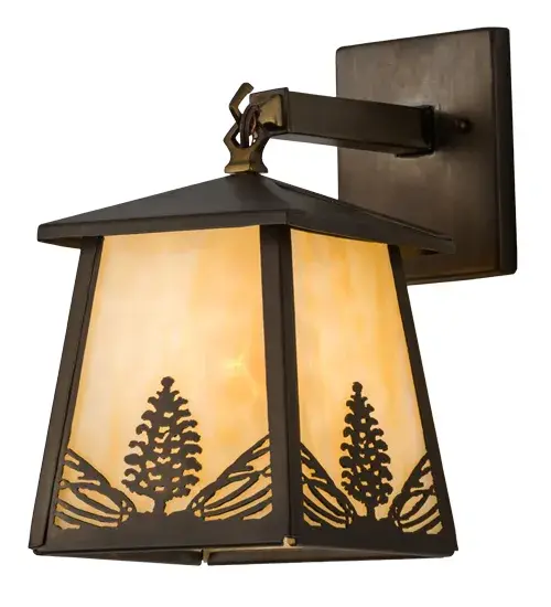 Mother nature comes to light with Mountain pinecones and pine needles featured on this unique wall fixture. The rustic charm of the forest comes alive with soft beautiful ambient light emanating through Beige art glass that is accented by a steel frame; hardware and decorative accents featured in an Antique Copper finish. This Craftsman Signature wall sconce is perfect for interiors and exteriors including hallways; living spaces and other areas where you want to make a stunning design statement. Handcrafted by highly skilled artisans in our manufacturing facility; at the foothills of the Adirondack Mountains. Custom sizes; styles; colors and dimmable energy efficient lamping available. UL and cUL listed. - alternate view