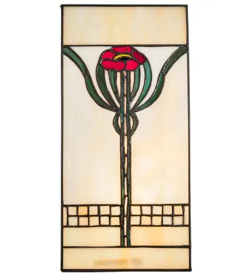 This minimalist floral stained glass window features a Red Poppy flower with Green leaves on a Beige background. This decorative window can be displayed in front of a window and hung from the top of the window frame or ceiling so the sunlight can show off the beauty of the art glass. The window is created using the famous Meyda Tiffany copperfoil construction technique and includes chains and Brass mounting brackets. The Poppy Stained Glass Window is included in our American-designed; handcrafted Stained Glass Window Collection. Each shade is a unique work of art with color variations based on natural ingredients inherent in the glass. - alternate view