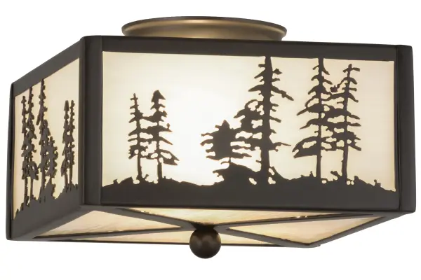 A stand of Tall Pines accent this nature inspired flushmount. The rustic fixture is finished in Timeless Bronze, and is handcrafted in the USA by Meyda artisans. " Collection: Tall Pines Finish: Timeless Bronze Glass: White Art Glass Width: 14.00" Height: 7.00" Length: 10.00" Weight: 7.00 lb Extension from Wall: 3.50" Number of Bulbs: 2 Maximum Wattage: 60.00 W Bulb Type: A19 Bulb Base: E26 Material: Steel Country of Origin: USA Safety Listing: Damp Safety Rating: Damp