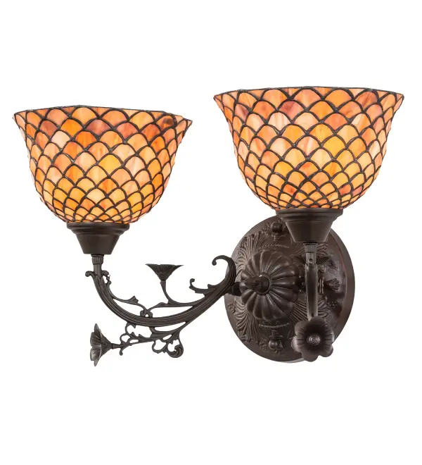 A Louis Comfort Tiffany studio classic fishscale pattern reproduced in variegated Tortoiseshell of Ambers and Burgundy. This handsome stained glass shade is used with Mahogany Bronze hand finished hardware. A versatile two light wall sconce to complement any color or style.