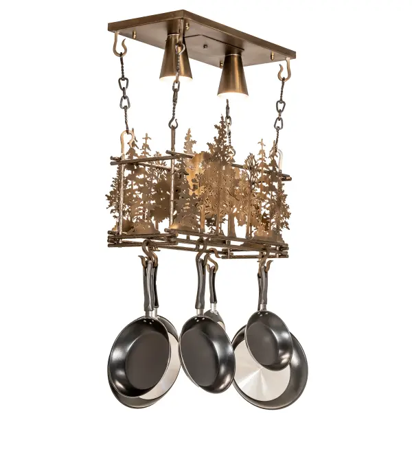 This handsome Nature-inspired fixture features a forest of metal Tall Pine Tree silhouettes and doubles as a lighted pot rack... It features a sturdy frame finished with a stunning Antique Copper finish. The fixture is designed with hooks to display fine cookware and accessories in a culinary space in residential settings from Orange Beach; Alabama; to Telluride; Colorado. Two downlights deliver functional illumination on the surfaces below. The Tall Pines 2 Light Pot Rack is included in our American-made; American-designed; handcrafted Pot Rack Collection and manufactured in Yorkville; New York. UL and cUL listed for dry and damp locations. (Cookware not included).