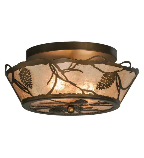 This handsome Pine Cone and needle patterned flushmount with pine branch accents is illuminated through Silver mica panels. The fixture has an Antique Copper finish and is handcrafted in the USA by Meyda artisans. Collection: Whispering Pines Finish: Antique Copper Glass: Silver Mica Width: 16.00" Height: 8.00" Length: 16.00" Weight: 4.00 lb Number of Bulbs: 2 Maximum Wattage: 60.00 W Bulb Type: A19 Bulb Base: E26 Material: Steel Country of Origin: USA Safety Listing: Damp Safety Rating: Damp - alternate view