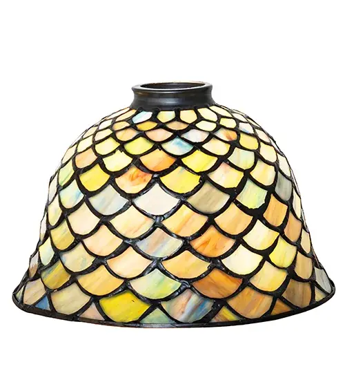 A Louis Comfort Tiffany studio classic... The renowned Fishscale design features a variegated Tortoiseshell of Emerald, Sapphire, Mauve, and Beige colored art glass, evoking a unique dimensional and textured look in a rainbow of brilliant hues. This exquisite art glass shade is created using the famous Meyda Tiffany copperfoil construction process and enhanced with a Mahogany Bronze finish. The lighting design is inspired by Rainbow Trout and other colorful fish found in Northwest Montana, Eastern Idaho, and Baja, California. The shade can be paired with hardware to build a ceiling pendant or wall sconce. See model 29645 shade to create a Mini Tiffany lamp. The Tiffany Fishscale Shade is included in our American-designed, handcrafted Tiffany Reproduction Lighting Collection. Each shade is a unique work of art with color variations based on natural ingredients inherent in the glass. Collection: Tiffany Fishscale Glass: Stained Glass Width: 8.00" Height: 5.50" Length: 8.00" Weight: 1.50 lb Country of Origin: CHINA Safety Rating: Dry - alternate view