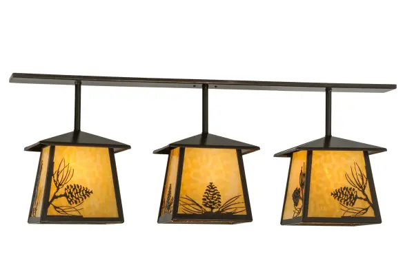 This handsome 3 light island fixture reflects the modestly adorned Bungalow style with Pine Cone accented lantern shades of Beige art glass which are suspended from linear Bronze hardware.
