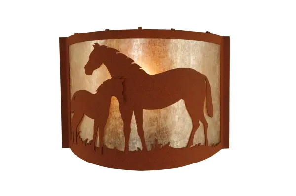 Every Meyda Tiffany item is a unique handcrafted work of art. Natural variations in the wide array of materials that we use to create each Meyda product make every item a masterpiece of its own. Photographs are a general representation of the product. Colors and designs will vary. Collection: Mare & Foal Finish: Rust Glass: Silver Mica Width: 12.00" Height: 9.00" Length: 4.00" Weight: 3.00 lb Extension from Wall: 4.00" Number of Bulbs: 1 Maximum Wattage: 60.00 W Bulb Type: A19 Bulb Base: E26 Material: Steel Country of Origin: USA Safety Listing: Damp Safety Rating: Damp