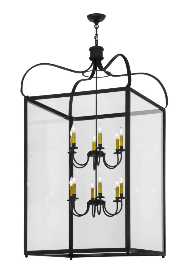 A sophisticated architecturally styled fixture is designed with a pizazz that is unique, fresh and stylish. Give your decor an extra edge with this breathtaking fixture, which is highlighted with a solid metal structure that surrounds a Clear Glass Lens encasing 12 Amber faux candlelights. The hardware and frame are featured in a handsome Charred Iron finish. Handcrafted in the USA, Rennes is available in custom sizes, styles and finishes, as well as dimmable energy efficient lamping options. The 30-inch square pendant is UL and CUL listed for damp and dry locations. Collection: Rennes Finish: Charred Iron Glass: Clear Class Notes: Custom Crafted In Yorkville, New York Please Allow 30 Days Width: 42.50" Height: 63.00" Length: 30.00" Weight: 98.00 lb Number of Bulbs: 12 Maximum Wattage: 40.00 W Bulb Type: BA9 Bulb Base: Candelabra Material: Steel Country of Origin: USA Safety Listing: Damp Safety Rating: Damp