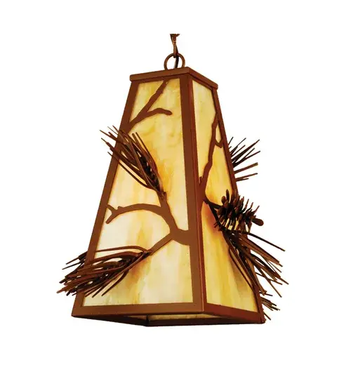 Bring rustic charm home with striking three-dimensional pine needles and pine cones highlight this Rust finished pendant. The shade is accented with a pine branch design on an attractive Beige Iridescent glass shade. Handcrafted in the USA by Meyda artisans.