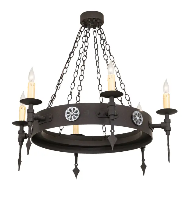Bring the Gothic Revival into your home with MeydaLighting's stunning Warwick Chandelier; which integrates a rustic Motif with gothic style. Faux candles perched atop holders on a ring featuring spearhead accents that provide lighting that conjures up images of romanticized bygone days. Decorated with cast iron medallions and coated with a Dark Roast finish; it completes the evocative impression. Custom crafted in Yorkville; New York by Meyda artisans.