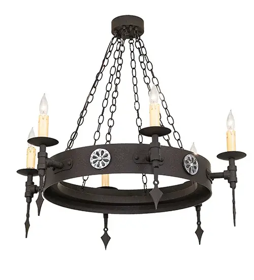 Bring the Gothic Revival into your home with MeydaLighting's stunning Warwick Chandelier; which integrates a rustic Motif with gothic style. Faux candles perched atop holders on a ring featuring spearhead accents that provide lighting that conjures up images of romanticized bygone days. Decorated with cast iron medallions and coated with a Dark Roast finish; it completes the evocative impression. Custom crafted in Yorkville; New York by Meyda artisans. - alternate view